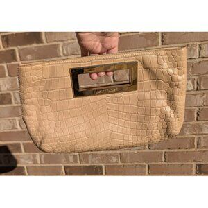 Michael Kors Croc Embossed Leather Large Clutch Handbag Tan/Beige Gold